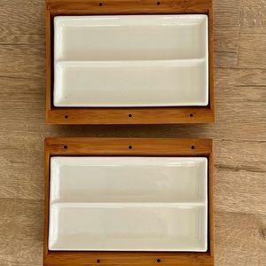 Trubamboo Sushi Satay Servers Bamboo & White Ceramic Plates‎ Trays Set of 2